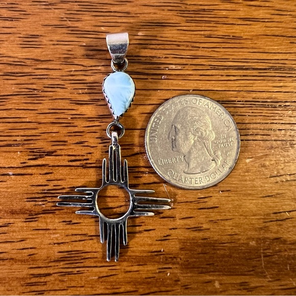 925 Sterling Silver & Larimar Zia Pendant • Southwestern • - Picture 5 of 10